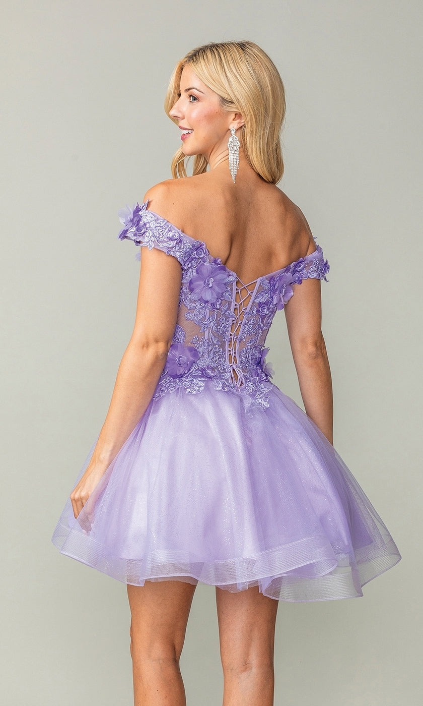A woman models the Off-the-Shoulder Short Babydoll Hoco Dress 3344 in lavender, featuring floral appliqués and a lace-up back, posing confidently against a plain background.